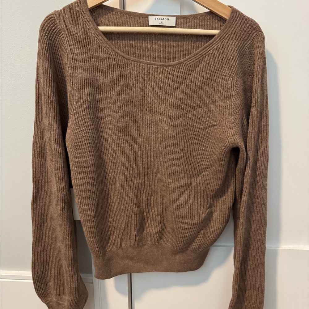 Babaton Brown Crew Neck Sweater Soft Knit Casual